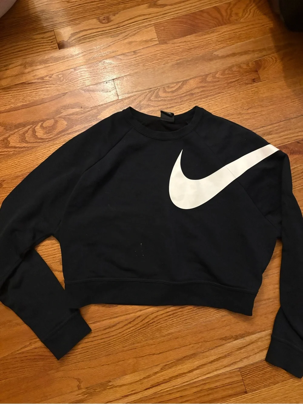 Nike Women's Black Cropped Sweatshirt with White Swoosh Accent